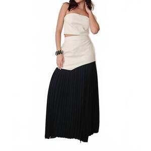NEW MULLA faux leather top and pleated slit skirt set in cream/black